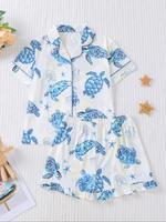 Kids Cartoon Turtle Print Pajama Two-piece Set, Cute Comfy Short Sleeve Lapel Neck Pj Set, Kids Sleepwear for All Seasons