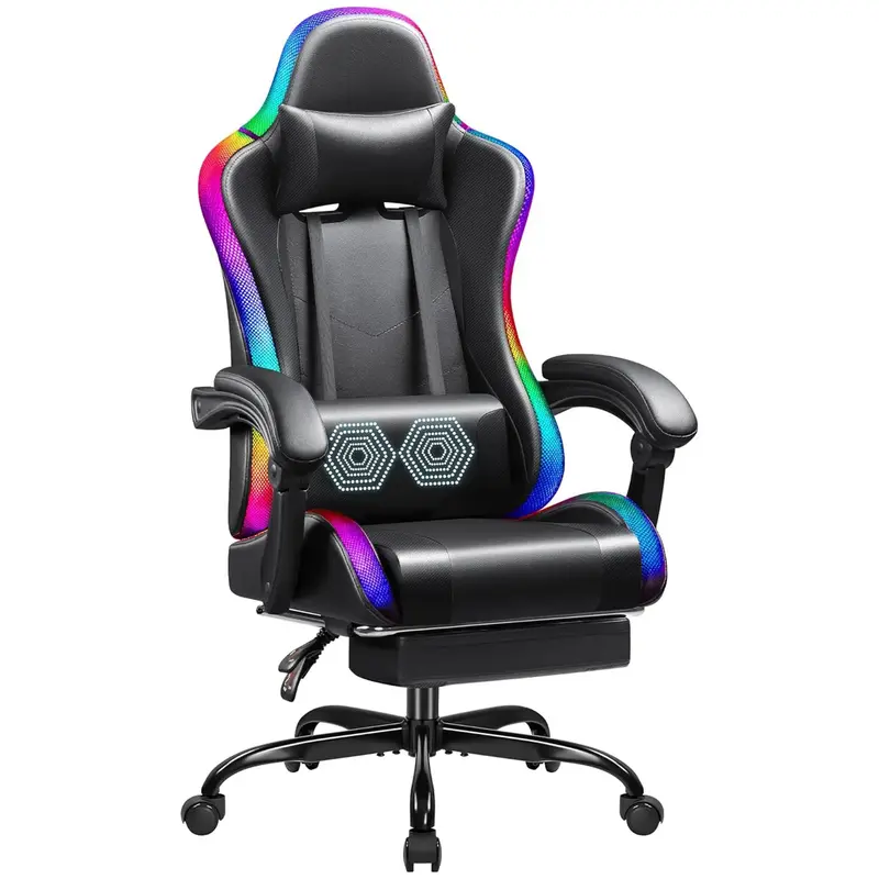 Furmax X Gaming Chair with LED RGB Lights, Footrest and Massage Lumbar Support, Ergonomic Computer Seat Height Adjustable wit...
