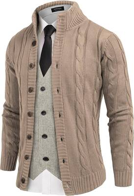 Cardigan Cable Knitted Button Down Sweater (US Only), Khaki / XXL