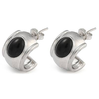 Brass & Natural Agate C-Shaped Stud Earrings