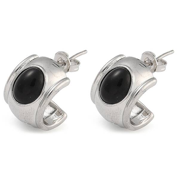 Brass & Natural Agate C-Shaped Stud Earrings