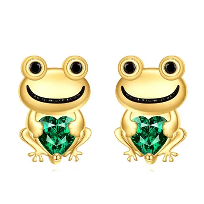 14K Gold Cubic Zirconia Frog Stud Earrings