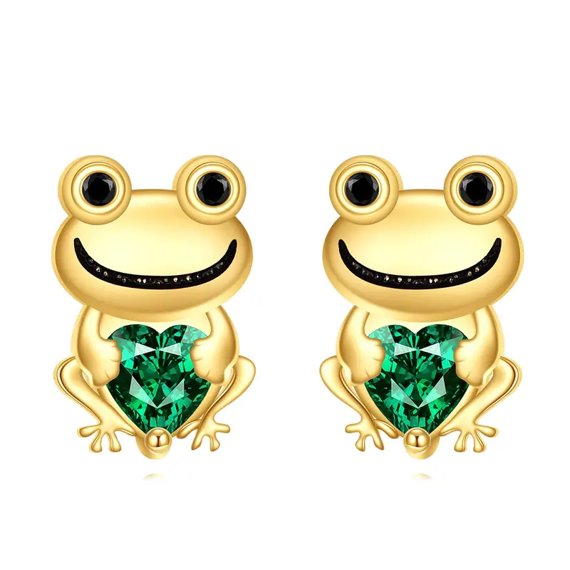 14K Gold Cubic Zirconia Frog Stud Earrings