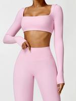 Women's Solid Square Neck Crop Sports Tee, Sporty Tight-fitting Long Sleeve T-shirt for Yoga Gym Workout, Gym Tops Ladies Spo...