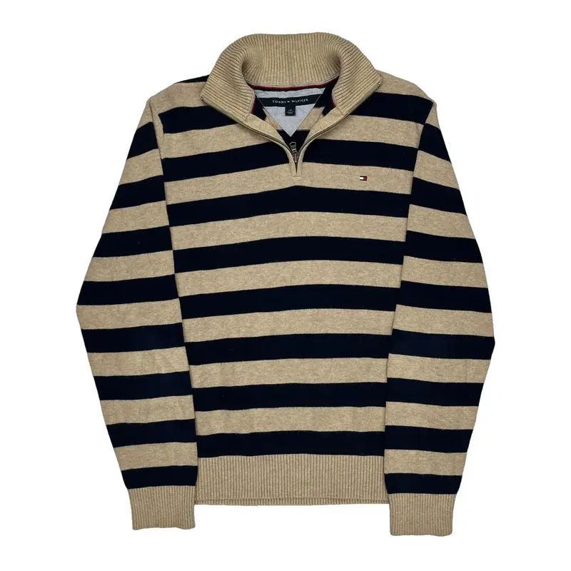 Tommy Hilfiger Striped 1/4 Zip - Large Beige Cotton