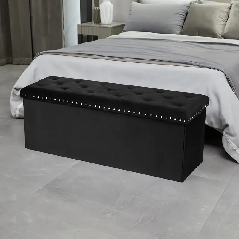 PINPLUS Folding Storage Ottoman Bench Bed with Velvet Balck Rectangle Ottoman Flodable with Lift-Off Lid for Bedroom Living R...