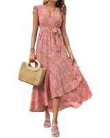 BTFBM Summer Floral Maxi Dress for Women 2025 Vacation Ruffle Sleeve V Neck Belt Wrap Spring Beach Wedding Guest Dresses #Out...