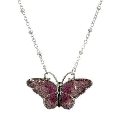 Silver-tone Purple and Black Enamel Butterfly Necklace 16âAdj.