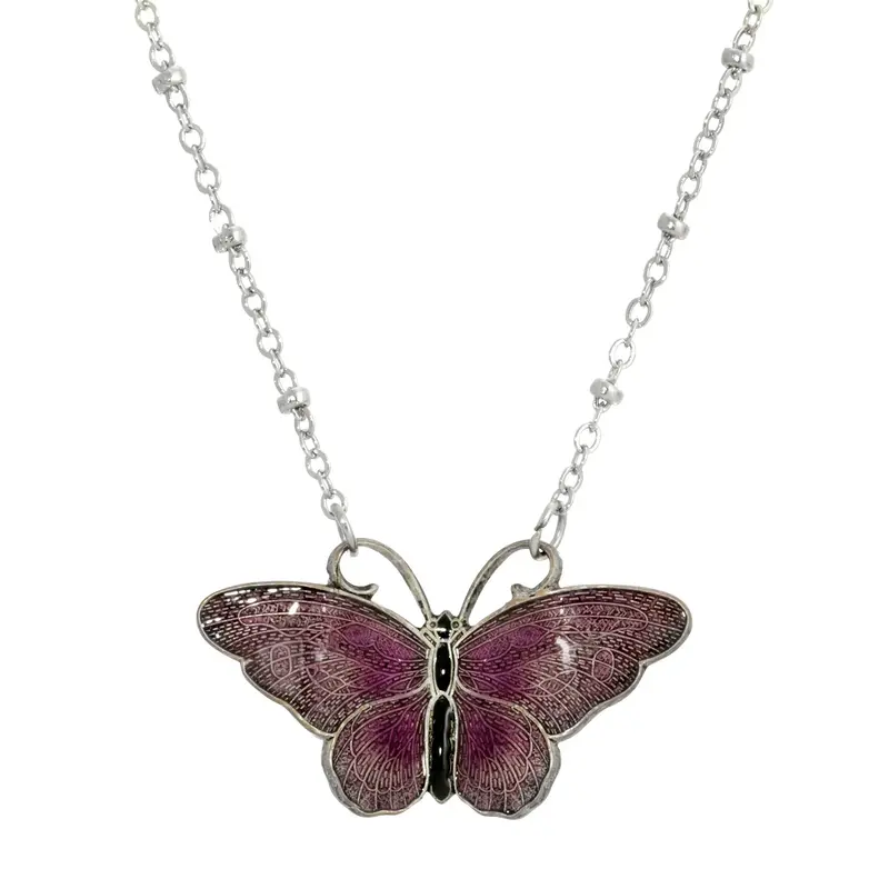 Silver-tone Purple and Black Enamel Butterfly Necklace 16âAdj.