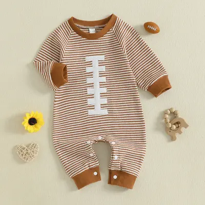 Infant Baby Boy Fall Sweatshirt Romper Casual Rugby Stripe Print Long Sleeve Jumpsuit Cute Outfit 0-18 Months