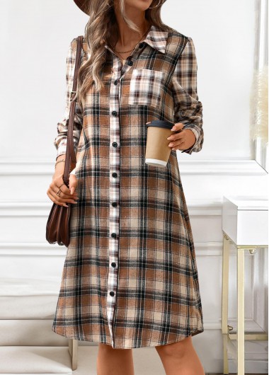 Modlily Dark Coffee Button Plaid A Line Long Sleeve Dress - XXL