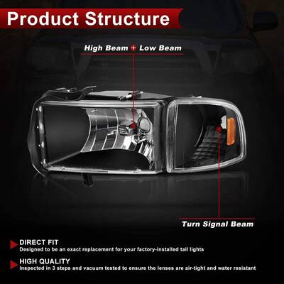 YITAMOTOR® 94-01 Dodge Ram 1500/94-02 Dodge Ram 2500 3500 Headlight Assembly Black Housing + Corner Lights