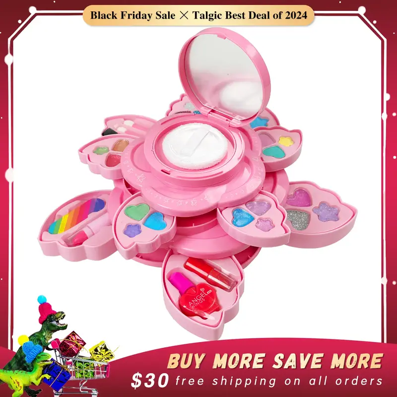 Magic Pink Petal-Shaped Makeup Box for children aged 3, 4, 5, 6 + Children's Makeup Tools