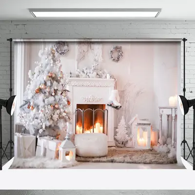 Aperturee White Room Fireplace Candlelight Christmas Backdrop