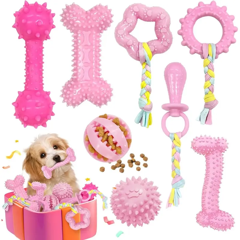 8Pcs Puppy Chew Toys for Teething Small Dogs,Pink Puppy Toys for Teething Treat Interactive to Keep Them Busy,Cute Soft Durab...