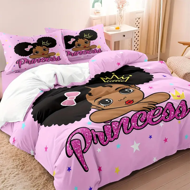 Cartoon Princess Pattern Duvet Cover Set, 3 Counts/set Including 1 Count Duvet Cover & 2 Counts Pillowcases without Filler, S...