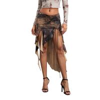 Women's Midi Skirt Low Waist High Split Vintage Pattern Print Front Tie Up Irregular Ruffle Hem Skirt Party Club Night