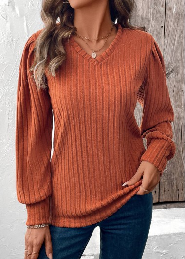 Modlily Terracotta Tummy Coverage Long Sleeve V Neck T Shirt - XXL