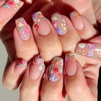 Flower Pattern Fake Nails with Nail File & Tape, 1 Box French Style Square Press on Nails for Women & Girls DIY Nail Art, Ele...
