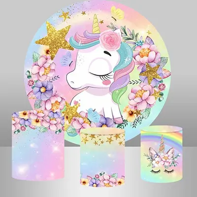 Aperturee Unicorn Flower Glitter Star Circle Baby Shower Backdrop | Circle Party Backdrop | Circle Backdrop Baby Shower | Rou...