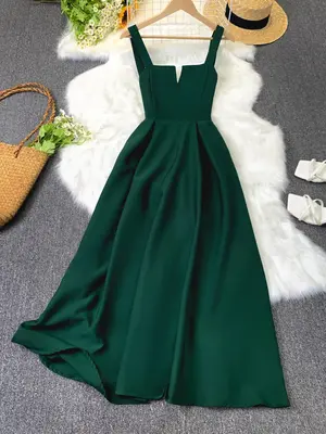 Basic V-cut Lace Up A-line Vintage Cami Dress, Formal Casual Summer Minimalist Comfort Sleeveless Long Dresses for Party, Sun...