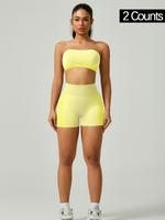 Women's Solid Cross Back Bandeau Top & High Waist Shorts Sports Set, Sporty Casual Breathable Comfortable Athletic Two-piec...