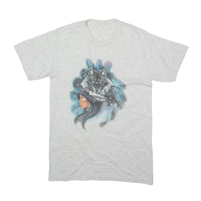 Wolf Print T-Shirt Grey Short Sleeve Mens S