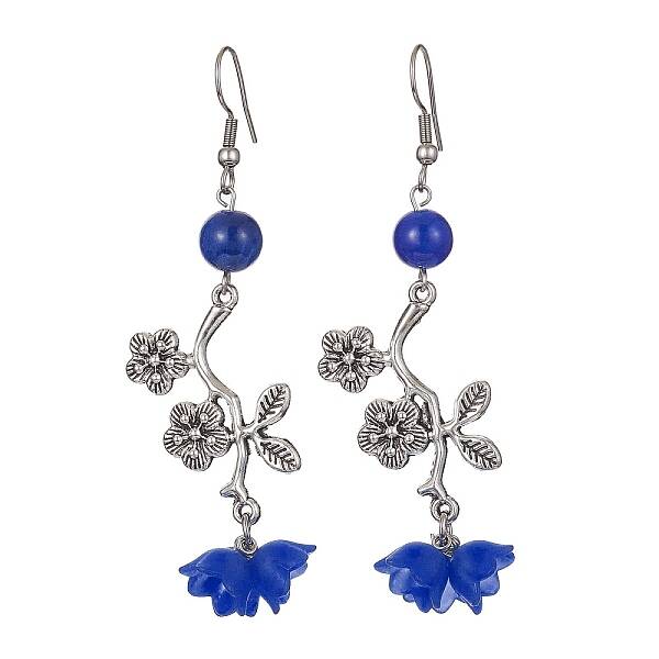 Natural Dyed Mashan Jade Flower with Acrylic Beaded Dangle Earrings