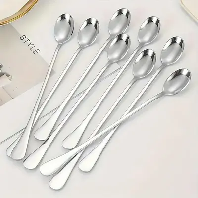 Stainless Steel Long Handle Spoon (8 Counts), Coffee Spoon, Ice Cream Stirring Spoon, Kitchen Accessories, Household Cutlery ...