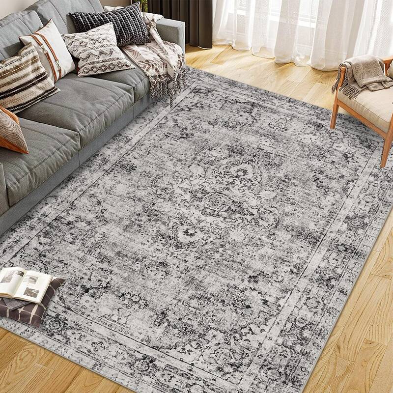 Garvee Washed Back Low Pile Area Rug for Living Room 9x12ft Grey Washable Non Slip Carpet for Bedroom Kitchen Dining Hallway