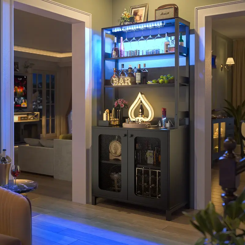 All-in-One Smart Wine Bar Cabinet with Storage Shelves and Glass Holder, 26.9W x 66.9H, Corner Bar Cabinets with RGB LED ...