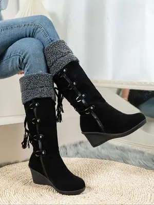 Women's Solid Color Tassel Design Mid-calf Boots, Warm Thermal Lined Wedge Heel Shoes for Fall & Winter, Buckle Decor Zipper ...