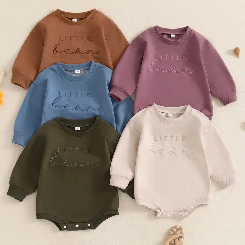 0-18M Baby Girl Boy Sweatshirt Romper Fall Winter Clothes OutfitsLittle Bean Letter Embroidery Long Sleeve Crew Neck Bodysuit...
