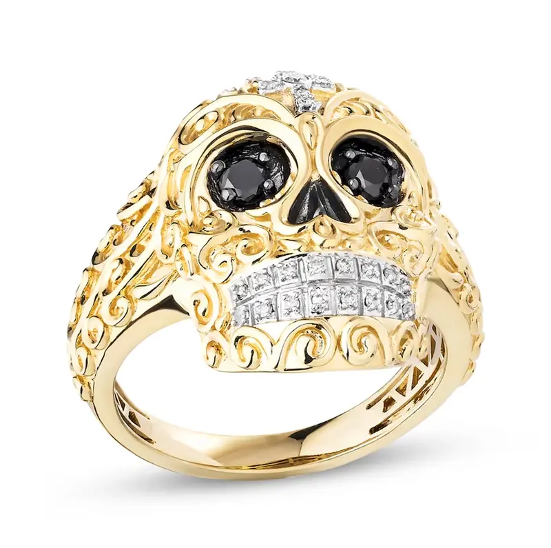 10K Gold 0.38 CT.T.W. Black & White Diamond Skull Cross Headpiece Decorative Swirls Shank Ring for Men