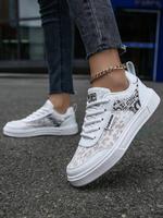 Women's Summer Letter & Leopard Patchwork Design Lace Up Sneakers, Designer Workout Sneakers, Comfortable 2025 Sports Shoes, ...