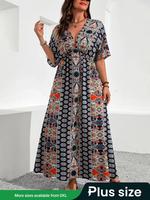 【Plus Size】 Ethnic Pattern Ruched V Neck Vintage Dress, Boho Casual Floral Print Half Sleeve A Line Dress for Summer, Wom...