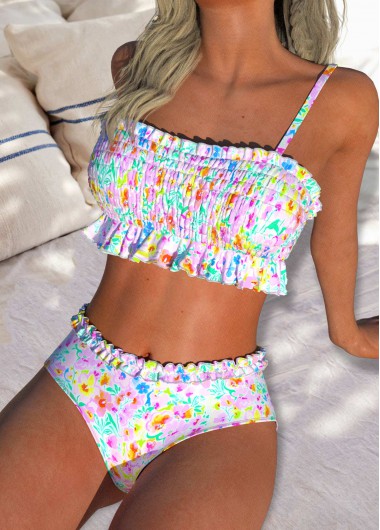 Modlily Smocked Mid Waisted Ditsy Floral Print Bikini Set - S