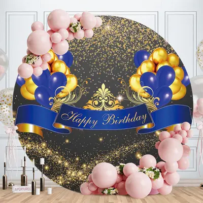 Aperturee Blue And Gold Ballon Round Birthday Backdrop