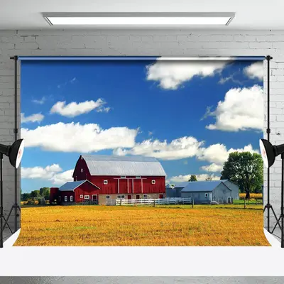 Farm Red House Blue Sky Grass Outdoor Photo Backdrop - Aperturee