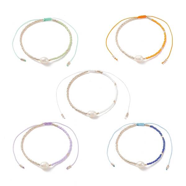 5Pcs 5 Colors Natural Pearl & Glass Seed Braided Bead Bracelets Set for Women