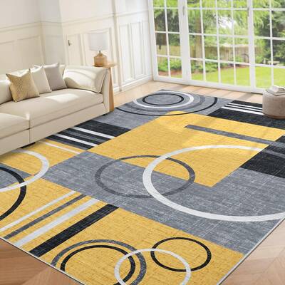 Garvee Modern Yellow 9x12 Large Area Washable Rugs, Non-Slip Low Pile Soft Abstract Circle Pattern Durable Stain Resistant Ye...