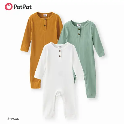 PatPat Little Cozy - 3-Pack Baby Boy/Girl Cotton Ribbed Long-sleeve Button Up Jumpsuit