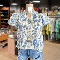 Cherrybetty Floral Print Ruffle V-Neck Puff Sleeve Top Casual Elegant Fashion Shirts Womenswear Blouse Blue Elegance women's ...
