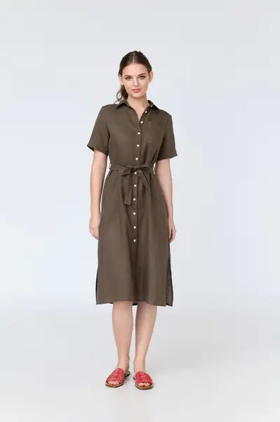 Charlotte - short sleeve linen midi shirt dress | Size: XS | Color: Navy
