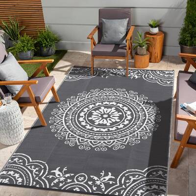 Garvee Outdoor Grey & White 8x10 Reversible Plastic Straw Rug - Durable, Weather-Resistant, Soft, Lightweight - Modern Outdoo...