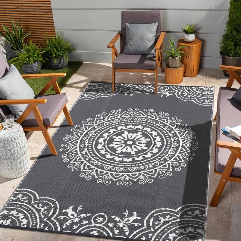 Garvee Outdoor Grey & White 8x10 Reversible Plastic Straw Rug - Durable, Weather-Resistant, Soft, Lightweight - Modern Outdoo...
