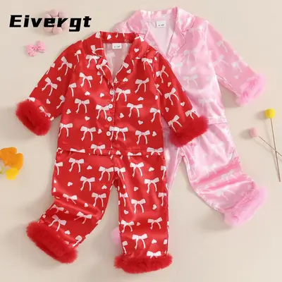 Toddler Baby Girl Valentine Pajamas Sets Bow Print Plush Laple Long Sleeve Tops with Pants