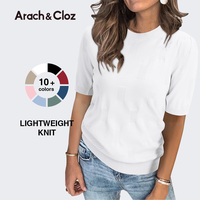 Arach&Cloz Womens Spring Summer Tops 2025 Fashion Short Sleeve Sweaters Crew Neck Knit Work Casual Dressy Blouse Black