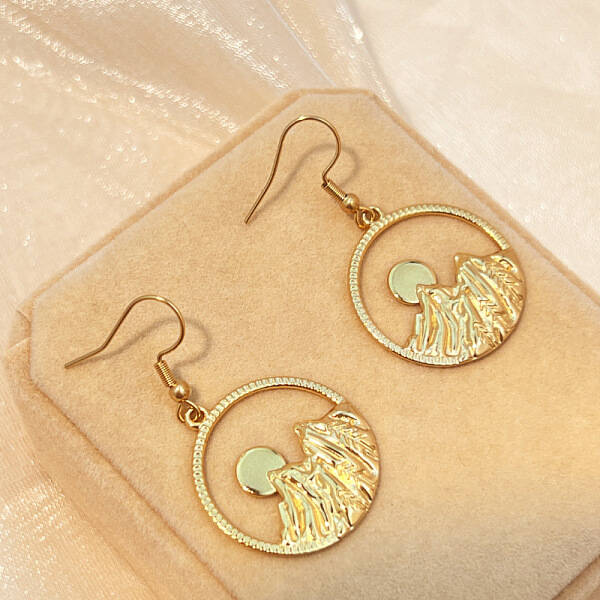 304 Stainless Steel Flat Round with Mountain Dangle Earrings