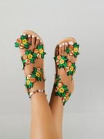 Women's Floral Embroidery Slip on Sandals, Casual Multicolor Boho Style Flat Sandals for Beach Vacation, Lightweight Breathab...